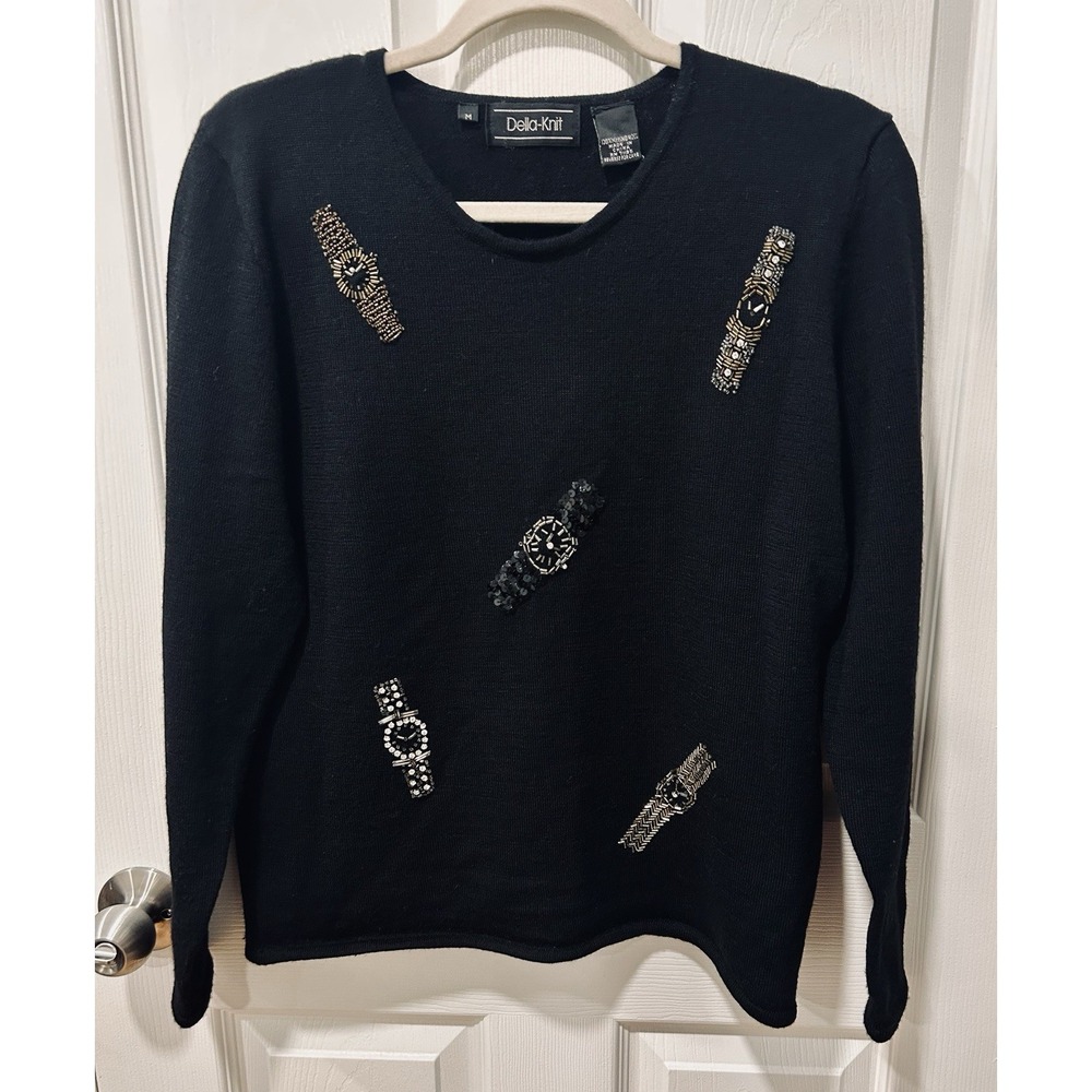 Vtg Della-Knit Black 100% Merino Wool Sweater Wristwatch Embellishments Medium